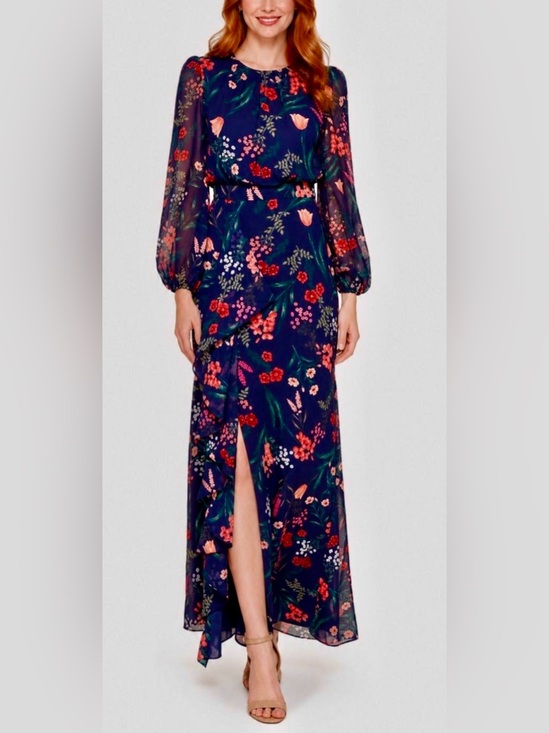 Eliza J Dresses & Skirts - Eliza J Chiffon Floral Long Dress. Balloon long sleeve, slit, cascading ruffle 6